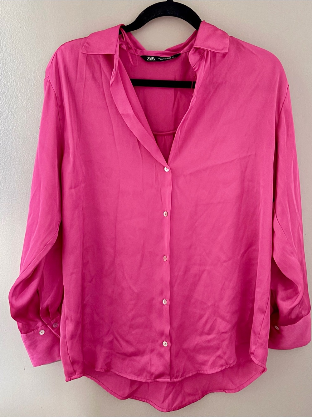 ZARA Hot Pink Satin Long Sleeve Button Down Shirt Small